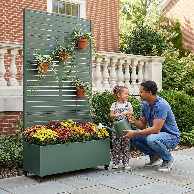Casaphoria Metal Raised Garden Bed with Trellis and Wheels, 72"x35"x16" Planter Box for Climbing Plants, Vegetables & Vines, Features Drainage Holes and Privacy Screen, Drak Green-Louvered