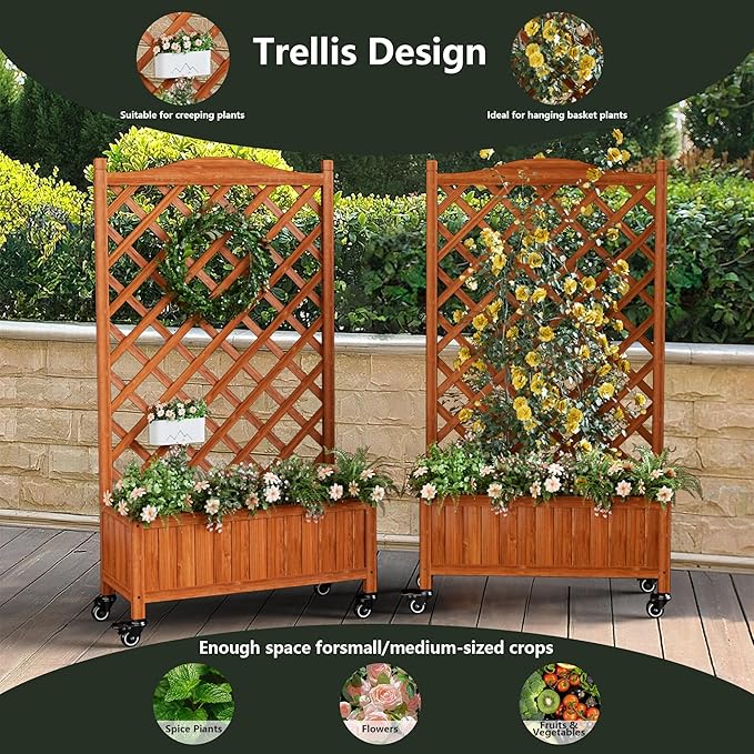 Upgraded 2-Pack 50" Tall Trellis Planter Box with Wheels, 49.8"H × 27.6"W × 13.0"D Solid Fir Wood Raised Garden Bed & Lattice Privacy Screen, Rolling Planter with Drainage for Patio/Garden