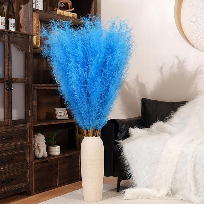 Premium Faux Sky Blue Pampas Grass – 55" Tall Ultra-Fluffy 24-Branch One-Piece Stems No Assembly, Luxury Silk-Feel Feather Flowers for Coastal Boho Wedding Home Decor (Powder Blue, 8 Stems)