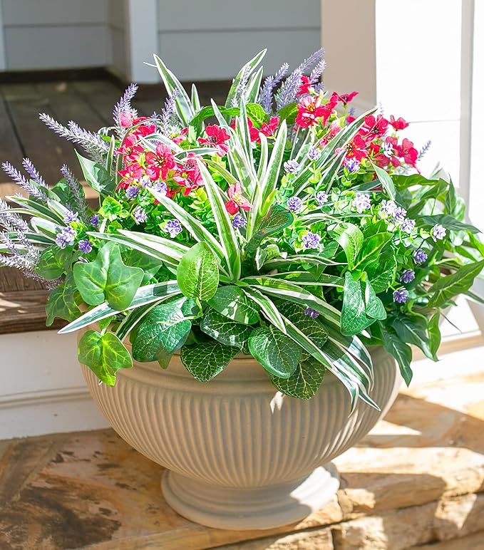 Starttag 20PCS Artificial Plants for Outdoor Decor Realistic Faux Greenery & Flowers Fake Plastic Leaves with Stems UV Resistant Outside Bushes for Garden Patio and Porch