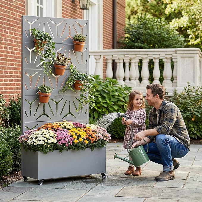 Casaphoria Metal Raised Garden Bed with Trellis and Wheels, 72"x35"x16" Planter Box for Climbing Plants, Vegetables & Vines, Features Drainage Holes and Privacy Screen, Grey-Star