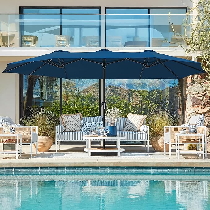 SUPERJARE 15FT Outdoor Umbrella for Patio, Double sided Pool Umbrellas with Fade Resistant Canopy, Large Table Umbrella for Deck, Market, Backyard - Navy Blue(No Base)