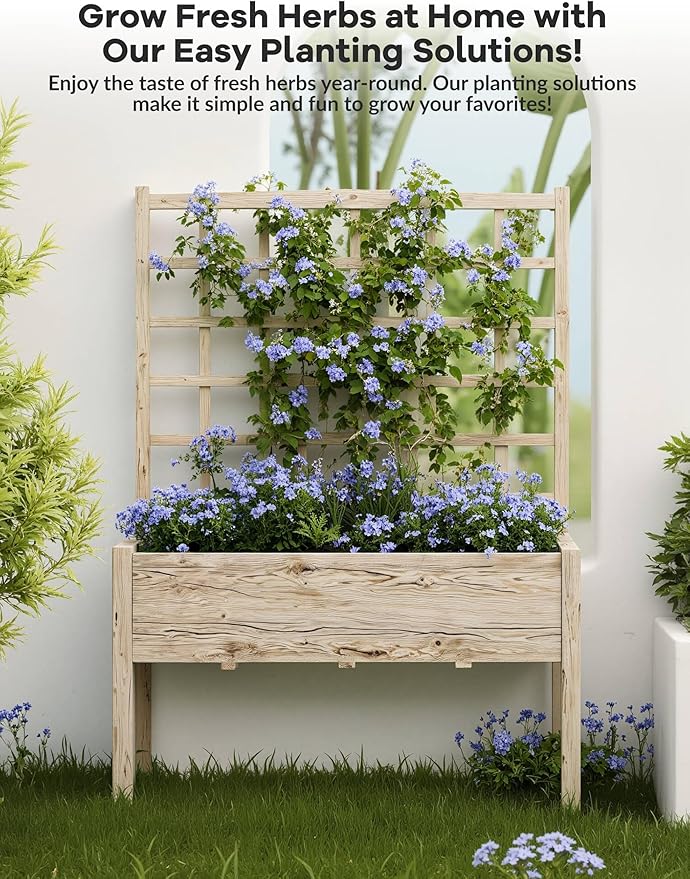 Garvee Wooden Raised Garden Bed with Trellis, 46.46x23.23x65.35IN Elevated Planter Box with Legs for Climbing Plants, Vegetables & Flowers