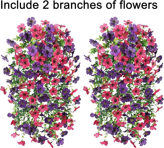 HyeFlora Artificial Flowers for Outdoors Decoration, 2Pcs Fake Hanging Spring Summer Decor, Purple and Hotpink Realistic Plants, UV & Fading Resistant Silk Flower for Porch Patio Balcony Planter Yard