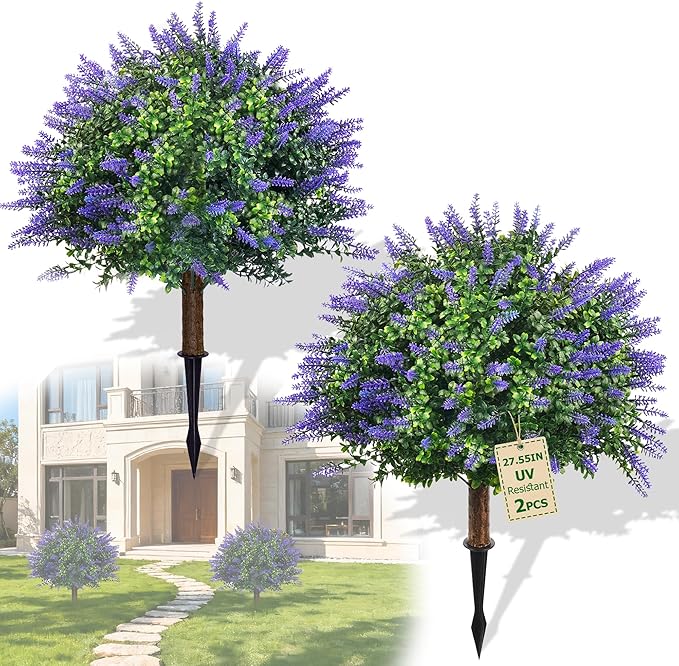 27.55 Inch Artificial Boxwood Trees, 2 Sets Faux Lavender Topiary with Spikes, Pot Filler Fake Shrubs Plants for Outdoor Planters, Round Topiary Bush Balls Front Porch Home Garden Spring Decor