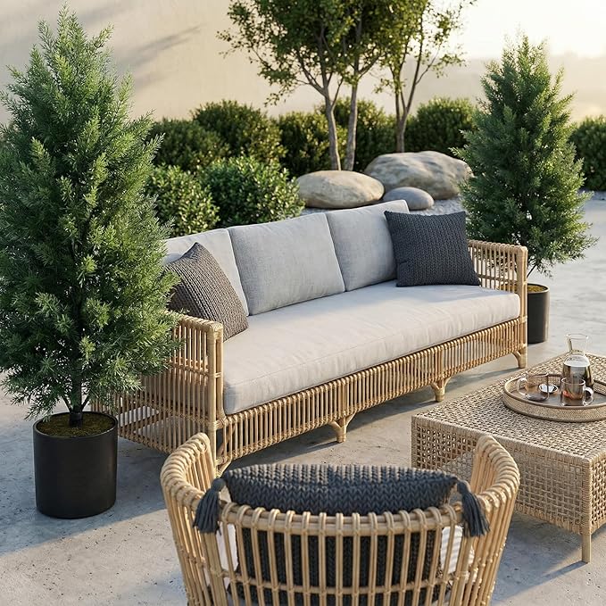Joyooss Artificial Topiary Cedar Tree,4FT Faux Outdoor Plants Front Porch Decor 2 Set Evergreen Shrubs Fake Plant Artificial Bushes Cypress Trees with Flowerpot for Home Living Room Front Door Decor