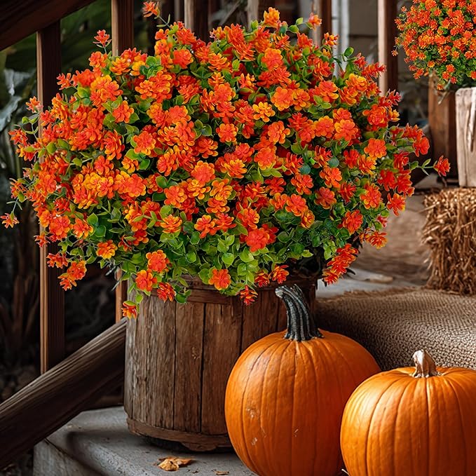 Artificial Fall Flowers Outdoor Fake Mums - 12 Bundles Fake Plants UV Resistant No Fade Faux Plastic Greenery Garden Porch Patio Fall Home Decor (Red Orange)