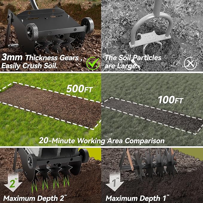 Lineware 9-Inch Lawn Aerator,Heavy Duty Push Spike Aerator with 2 Wheels,Aerator Lawn Tool with Steel Handle, Manual Aerator Lawn Tool with Foam Armrests, Suitable for Lawn, Garden and Yard