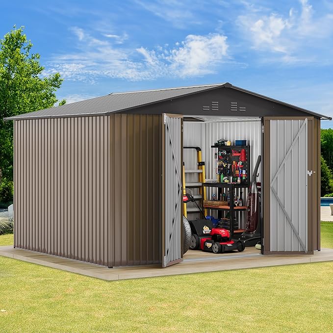 DWVO 10'x8' Large Metal Outdoor Storage Shed, Heavy Duty Tool Storage Sheds for Backyard Patio Lawn - Ideal for Bicycles, Garden Tools, and Lawn Equipment, Easy-to-Assemble, Brown