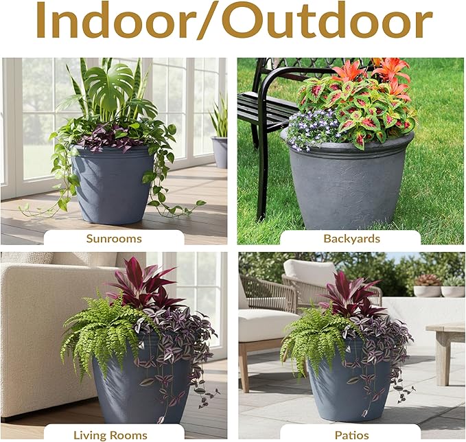 Sunnydaze 20-Inch Anjelica Large Plastic Pot for Plants - Outdoor Double-Walled Large Plastic Planter with Drillable Drainage Holes - Slate - 2pk