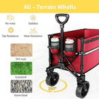 ROSONG Collapsible Wagon Cart with Wheels Foldable - Folding Utility Heavy Duty Wagons Carts for Grocery Sports Garden Shopping Camping Wheelbarrows, Burgundy