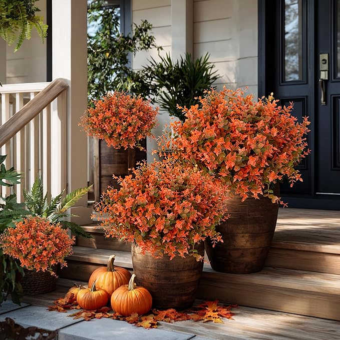 Artificial Fall Flowers Outdoor Fake Mums - 16 Bundles Fake Plants UV Resistant No Fade Faux Plastic Greenery Garden Porch Patio Fall Home Decor (Green Orange)