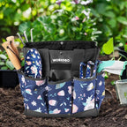 WORKPRO Garden Tool Bag, 9-Pocket Heavy Duty Oxford Tote Bag, Gardening Tool Kit Holder, 12" x 12" x 6" (Blue Insects)