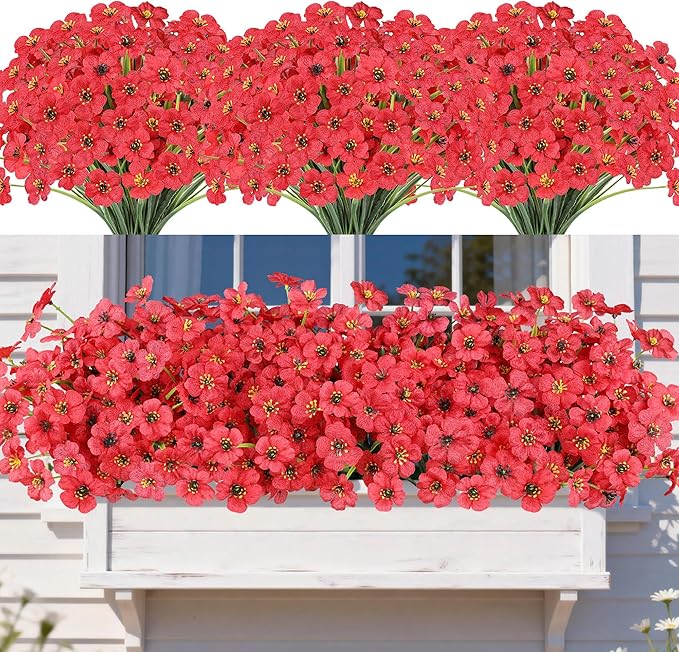 AmyHomie 20 Bundles Artificial Flowers for Outdoor UV Resistant Faux Flowers No Fade Fake Plastic Plants Garden Porch Window Box Decorating(Red)