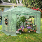 GDY 10X10FT Instant Pop-up Greenhouse, Walk-in Plant Gardening Green House with PE Cover/Roll-Up Zipper Doors/Side Windows for Indoor, Backyard and Outside, Green/Clear.
