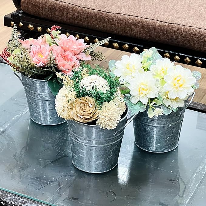 Hosley Set of 3 Galvanized Metal Planters – Rustic Farmhouse Flower Pots with Liner for Indoor, Outdoor, Patio & Wedding Decor