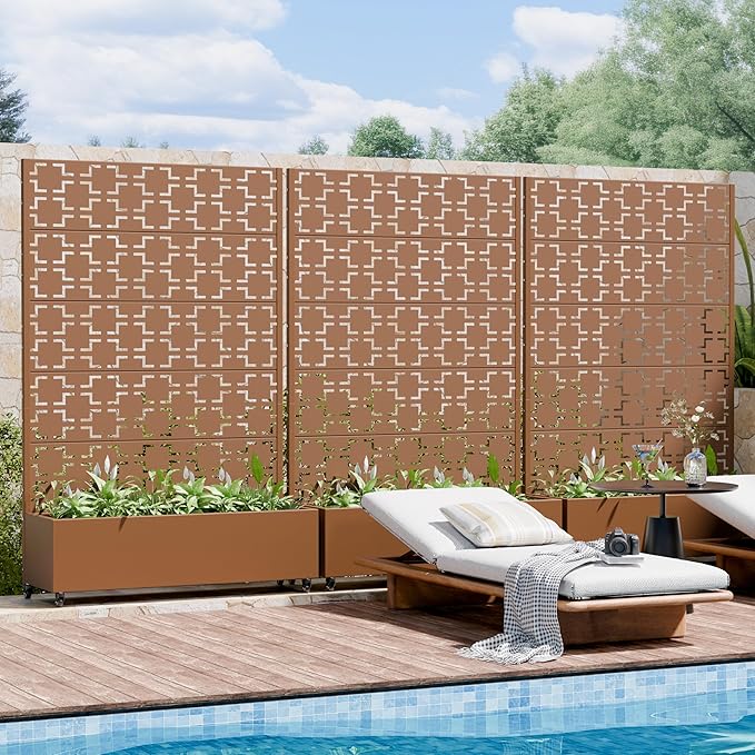 Casaphoria Metal Raised Garden Bed with Trellis and Wheels, 72"x47"x16" Arched Planter Box for Climbing Plants, Vegetables & Vines, Features Drainage Holes and Privacy Screen, Brown-Square
