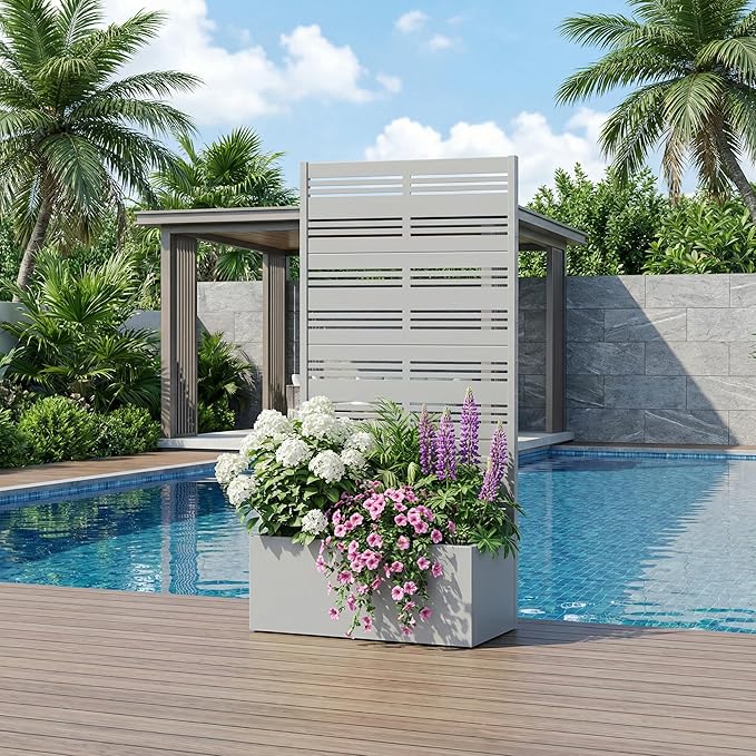 Casaphoria Metal Raised Garden Bed with Trellis, 59"x30"x12" Planter Box for Climbing Plants, Vegetables & Vines, Features Drainage Holes and Privacy Screen, Grey-Harold