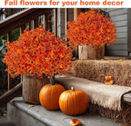 AXYLEX Artificial Fall Flowers Outdoor Fake Mums - 16 Bundles Fake Plants UV Resistant No Fade Faux Plastic Greenery Garden Porch Patio Fall Home Decor (Orangeyellow)