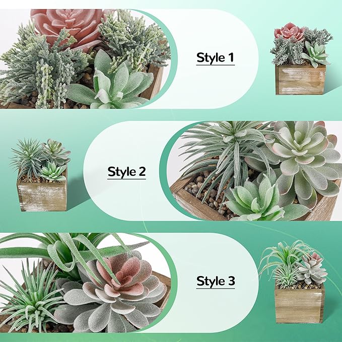 Der Rose Set of 3 Succulents Plants Artificial Fake Plants in Wood Pots with Pink Fake Flowers for Farmhouse Bathroom Desk Sheif Decor