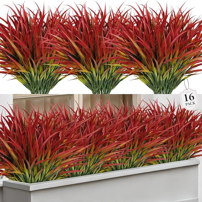 16 Pcs Artificial Plants Outdoor Fake Grass Faux Greenery Stems UV Resistant Plastic Plants Shrubs for Planters Patio Garden Front Porch Pathway Spring Summer Home Decor, Red