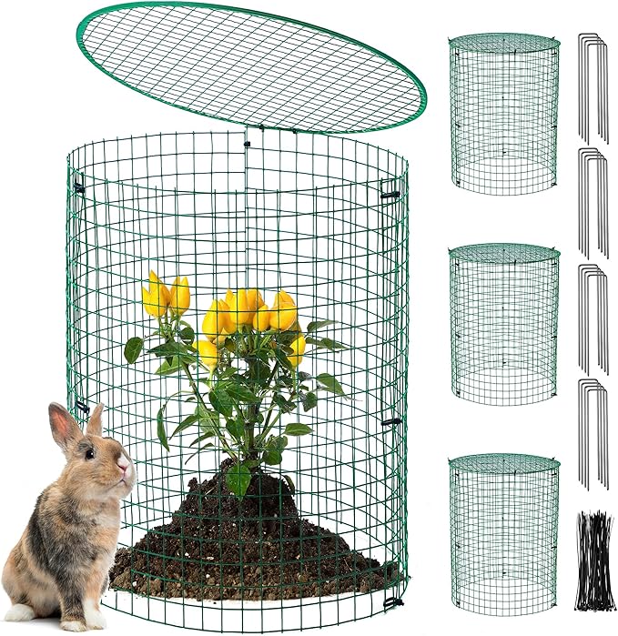 Hiboom 4 Pack Garden Plant Protectors from Animals with Stakes, Metal Mesh and Detachable Covers Wire Plant Cage for Keeping Bunny Animals Out, Chicken Wire Cover Garden Protect (16 * 13 in)