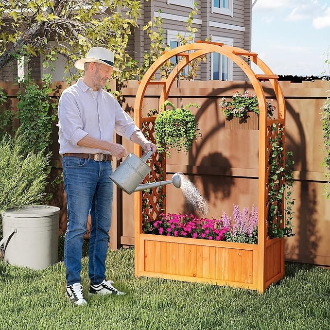 Giantex Raised Garden Bed with Arch Trellis, for Climbing Vine Flower Vegetable, Wood Planter Box with Liner & Drainage Design, Outdoor Plant Container for Yard Balcony (33"x14"x58")