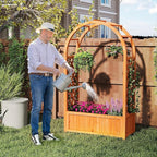 Giantex Set of 2 Raised Garden Bed with Arch Trellis, for Climbing Vine Flower Vegetable, Wood Planter Box with Liner & Drainage Design, Outdoor Plant Container for Yard Balcony (33"x14"x58")