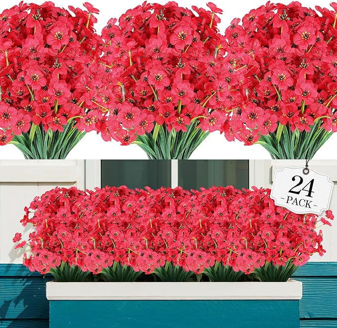 AGIRL 24 Bundles Artificial Flowers for Outdoor,No Fade Fake Plastic Flowers Faux Plants for Decoration Hanging Planters Indoor Outside Garden Porch Window Box Home Wedding Farmhouse