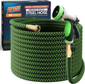 PowerFlow Garden Hose, NON-EXPANDABLE 50 Feet Premium Quality Stainless Steel Metal Water Hose with Durable Fabric Skin, Hose For Commercial, Residential Use, Bonus 10-way Spray Nozzle (50 Ft, Green)