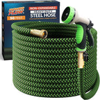 PowerFlow Garden Hose, NON-EXPANDABLE 50 Feet Premium Quality Stainless Steel Metal Water Hose with Durable Fabric Skin, Hose For Commercial, Residential Use, Bonus 10-way Spray Nozzle (50 Ft, Green)