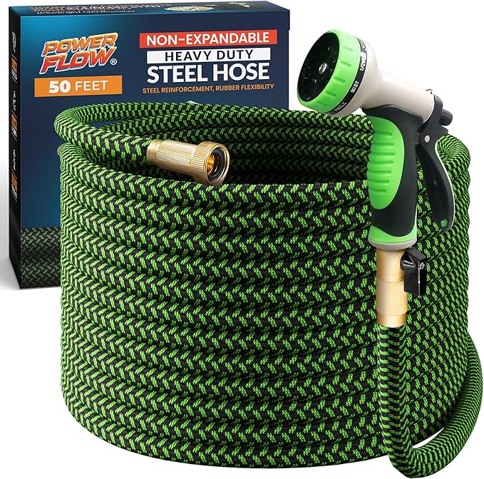 PowerFlow Garden Hose, NON-EXPANDABLE 50 Feet Premium Quality Stainless Steel Metal Water Hose with Durable Fabric Skin, Hose For Commercial, Residential Use, Bonus 10-way Spray Nozzle (50 Ft, Green)