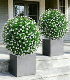 Artificial Lotus Topiary Ball Trees for Outdoor Set of 2 Fake Plant Bushes with Ground Spike UV Resistant Faux Shrubs for for Garden Front Porch, White