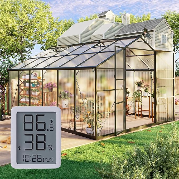10x12FT Green Houses for Outside with Hygrometer, Double-Door Polycarbonate Greenhouse with Drainage Channel, Large Heavy Duty Greenhouse with Aluminum Frame, Roof Vent for Backyard or Garden Use