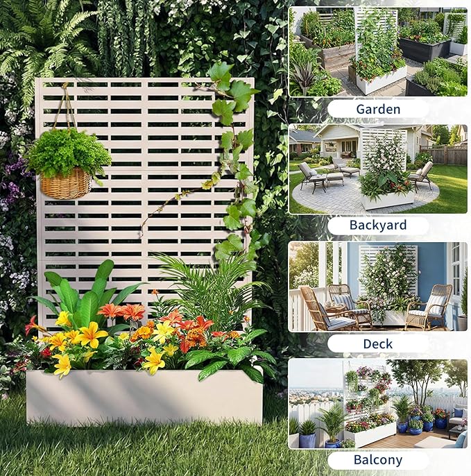 Metal Raised Garden Bed with Trellis & Privacy Screen, 71.5"x47"x16" Galvanized Metal Planter Box with Wheels & Drainage Holes for Patio Balcony Climbing Plants Flowers Vegetable, White