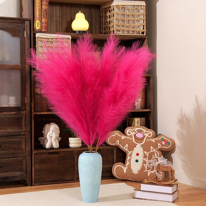 Premium Faux Hot Pink Pampas Grass – Fuchsia 43.3″ 8pcs Tall Fluffy Decor, No Assembly 18-Branch One-Piece Stems for Floor Vase Decor, Luxury Silk-Feel Feather Flowers (8 pcs/110cm)