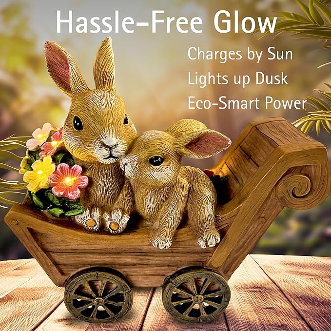 PRETMANNS Solar Garden Outdoor Statue Bunny Decor with Lights - Rabbit Lawn Ornament for Outside Yard Patio - Animal Figurines Gift for Mom Grandma - Waterproof Resin Garden Statues Outdoor – Large