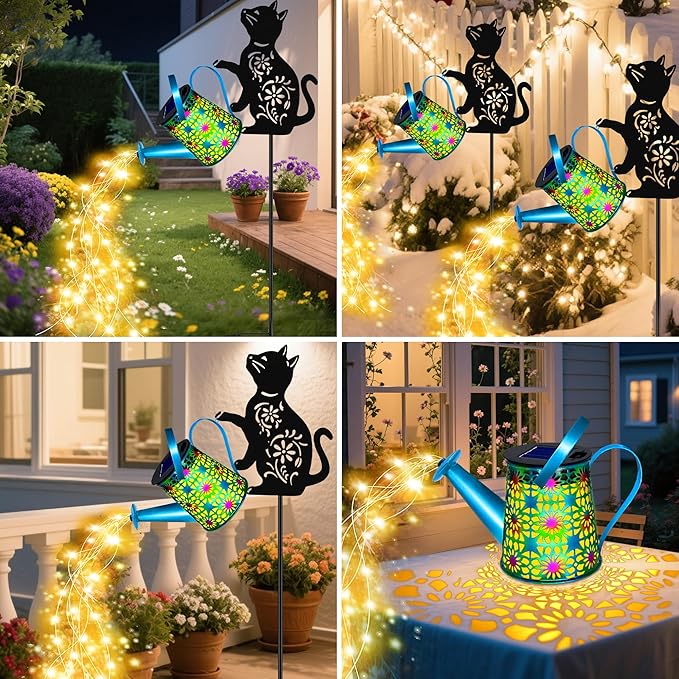 Black Cat Solar Watering_Can Lights, Birthday Gifts for Women Mom Christmas, Yard Decorations Outdoor Waterproof, Blue Metal Hanging Lantern Solar Lights Garden Decor Patio Pathway, 2 Pack