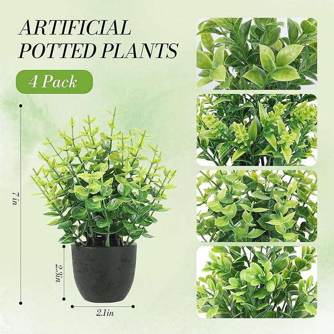 Der Rose 4 Pack Mini Artificial Plants Indoor in Pots Mixed Fake Plants Greenery Set for Black Bathroom Decor Shelf Counter Styling Office Desk Farmhouse Room Decor