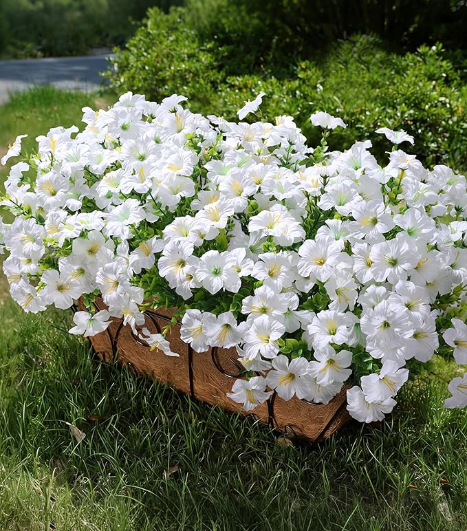 Artificial Flowers for Outdoors Fake Plants Outside Decoration, 20 Bundles White Silk Petunia with Eucalyptus UV Resistant Realistic Faux Flowers for Outdoor Planters Garden Balcony Yard Porch Patio