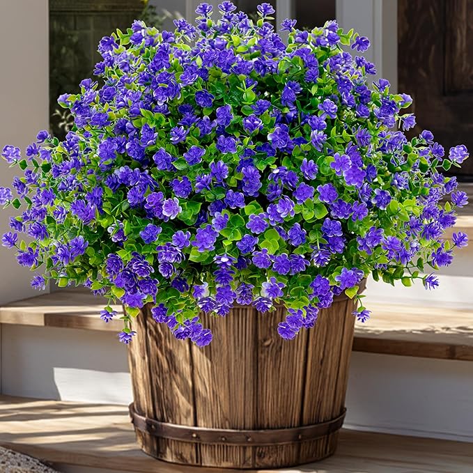 Artificial Flowers for Outdoors Fake Plants - 12 Bundles Faux Outside Greenery Boxwood No Fade Plastic Shrubs Fall Decor Farmhouse Home Garden (Purple)