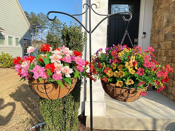 HyeFlora Artificial Faux Hanging Plants Flowers Basket for Spring Summer Outdoor Outside Decoration, Fake Silk Colorful Daisy Eucalyptus in Planter UV Resistant Realistic for Porch Patio Balcony Yard