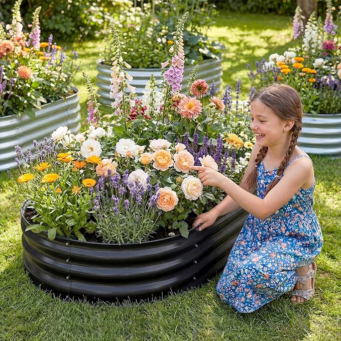 Land Guard Galvanized Raised Garden Bed Kit, Galvanized Planter Raised Garden Boxes Outdoor, Oval Large Metal Raised Garden Beds for Vegetables(Grey)4×2×1ft(1pcs)