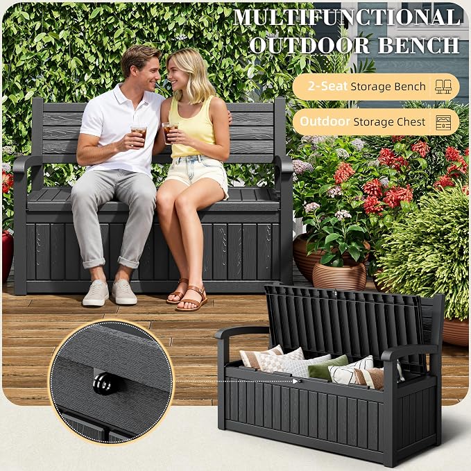 80 Gallon Outdoor Storage Box Waterproof, Storage Outdoor Porch Bench Doubles as 2-Person Bench Seat, Resin Stripes Deck Box for Cushions, Garden Tools and Pool Supplies Black