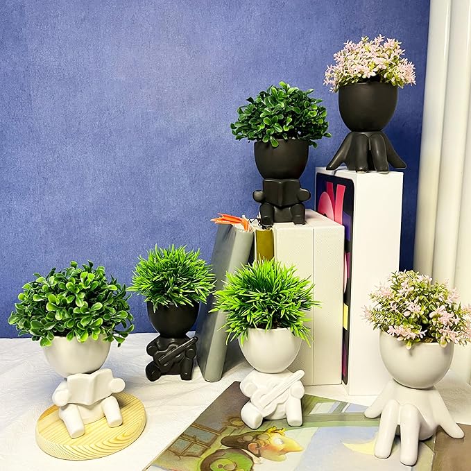 3 Packs Creative Small Fake Plants Artificial Succulents in Ceramic Human Shaped Pots Cute Office Plants For Desk Home Decor Funny Premium Ceramic Faux Succulent Perfect Humorous Gift Idea(3, White)