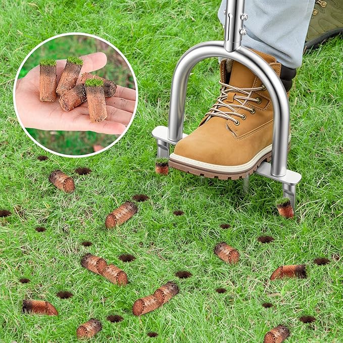Manual Core Aerator Lawn Tool -2 Half-Open Hollow Slot Tines and 2 Spike Heavy Duty Grass Aeration Tool，Semi-Assembled Lawn Aerator for Lawn、Yard Plug Aerator for Lawn Care Compacted Soil-Orange