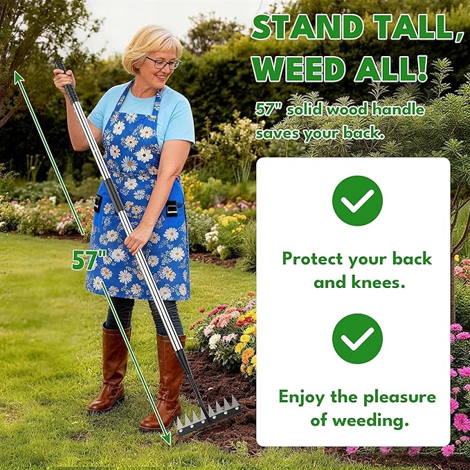 Iron Weeding Rake with Handle 2.0, Upgraded 8 Teeths Garden Weed Puller Tool Heavy Duty Gardening Tool for Lawn, Flower Beds & Soil Aeration