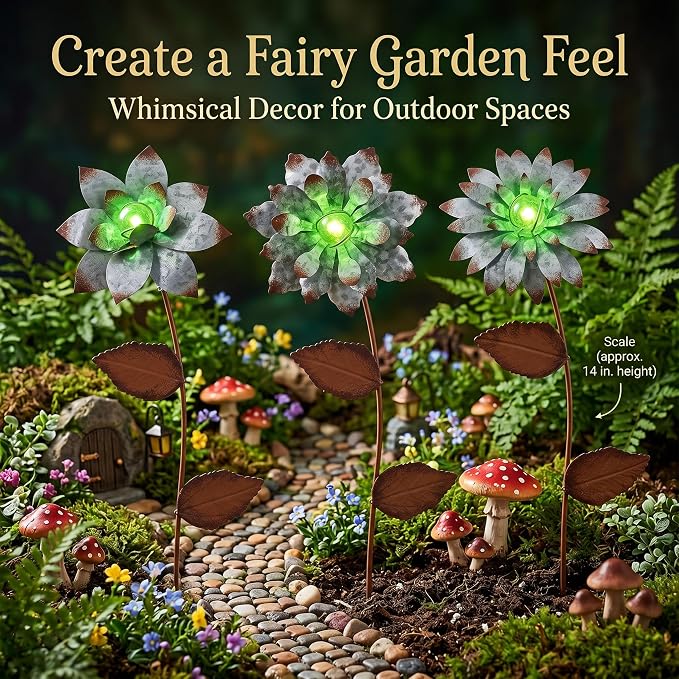 Topadorn 3-Pack Glow-in-the-Dark Metal Flower Garden Stakes, 14" Weatherproof Outdoor Plant Picks, Rustic Yard Art for Lawn & Patio