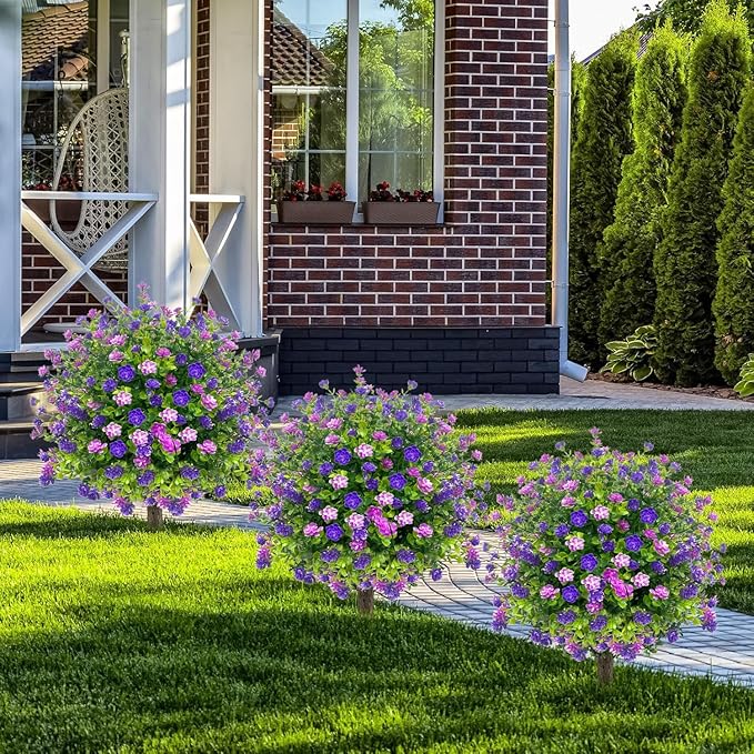 2 Pack Artificial Boxwood Topiary Ball Tree with Spikes,Outdoor UV Resistant Fake Bushes Plants Flowers,Faux Shrubs Greenery for Planters Yard Porch Pathway Office Spring Decor - Purple
