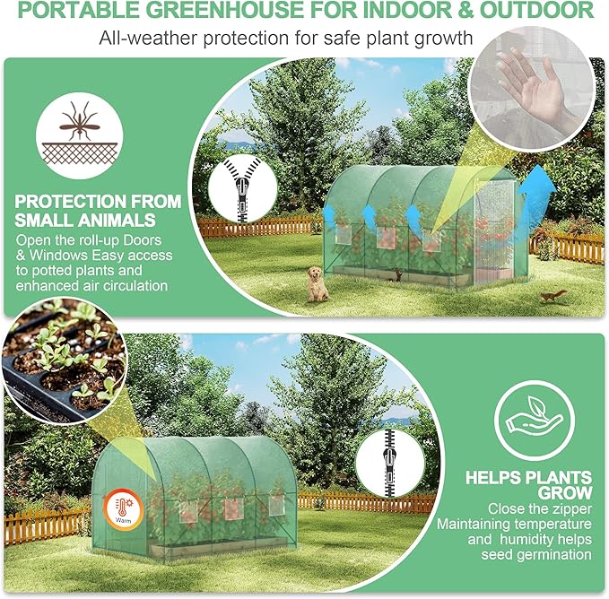 10x7x7 FT Walk-in Greenhouse for Outdoors for Winter Plant Protection,6-Ventilated Screen Window Portable Greenhouse W/ 2-Zipper Door,PE Cover & Heavy Duty Frame
